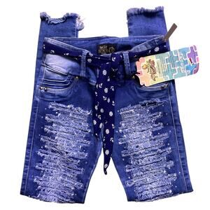 NWT Pit Bull Jeans denim ripped skinny jeans with rhinestones & belt in size 7